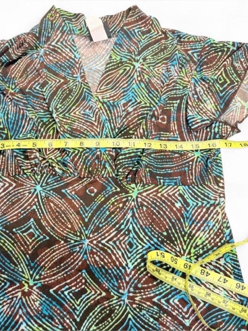 Vintage 90’s Y2K Geometric Babydoll Blouse Top Women’s Large Green 2000’s Summer - Picture 5 of 6